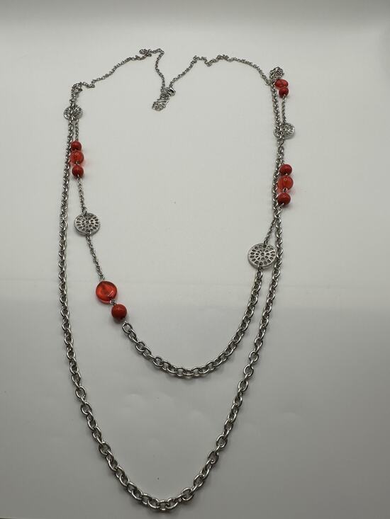 Unbranded Jewelry - Silver Tone Multi Strand Chain Necklace With Red Plastic Beads 40”